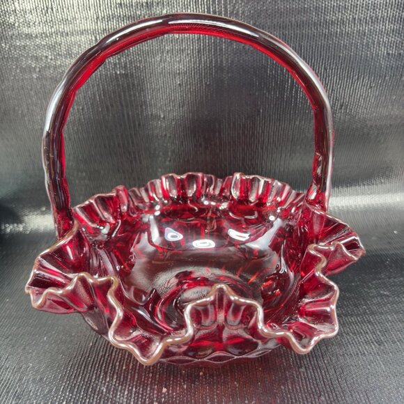 Fenton Ruby Red Glass Basket Bowl Ruffled Edge Amberina Vintage Decor - Picture 13 of 16